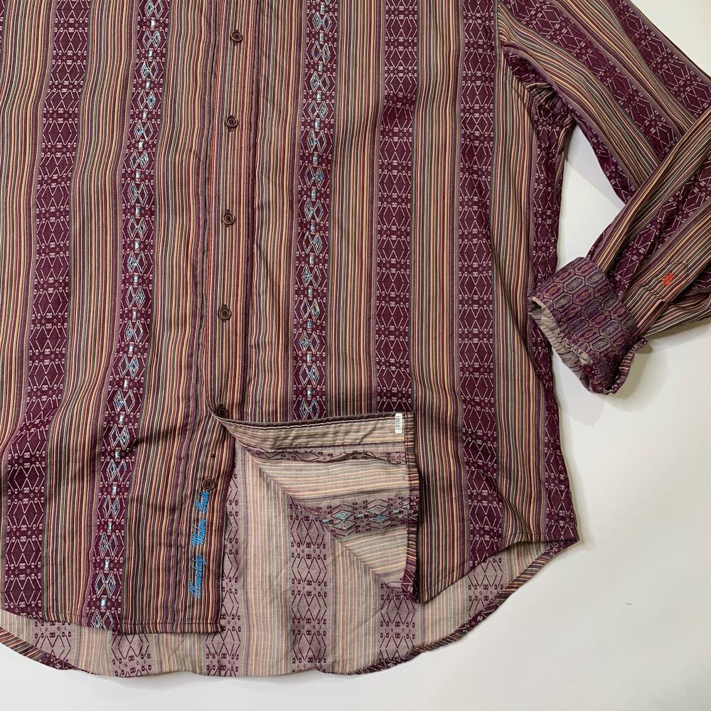 Robert Graham Shirt Mens Extra Large Garnet Flip Cuff Embroidered Striped Cotton - Picture 3 of 9